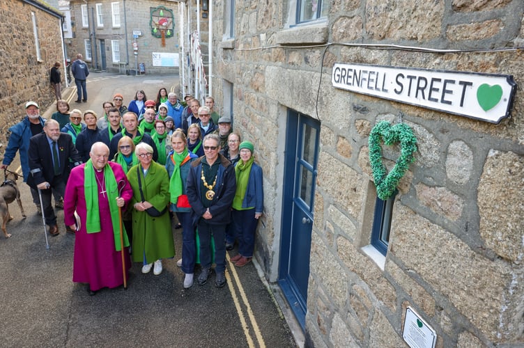 Bishop David in Grenfell Street, Mousehole with Cornwall Hugs 