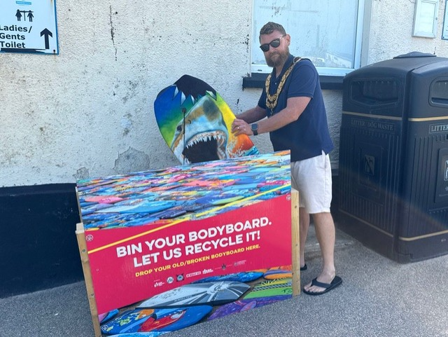 Mayor Cllr Drew Creek at the South Fistral bodyboard recycling station