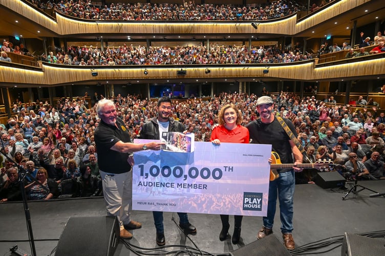 Will Keating and Harry Glasson make a presentation to the Hall for Cornwall's 1,000,000th audience member Davina Mann and her husband, on stage during the show Cornwall My Home.  