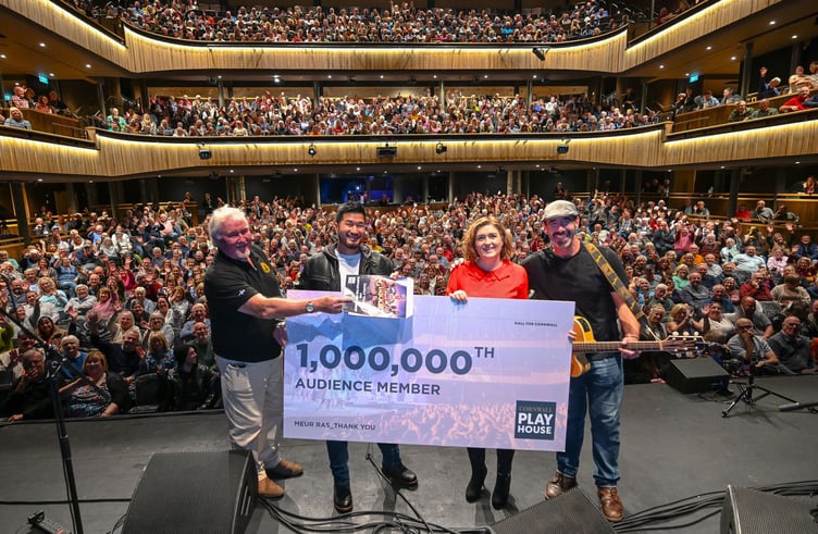 Will Keating and Harry Glasson make a presentation to the Hall for Cornwall's 1,000,000th audience member Davina Mann and her husband, on stage during the show Cornwall My Home.