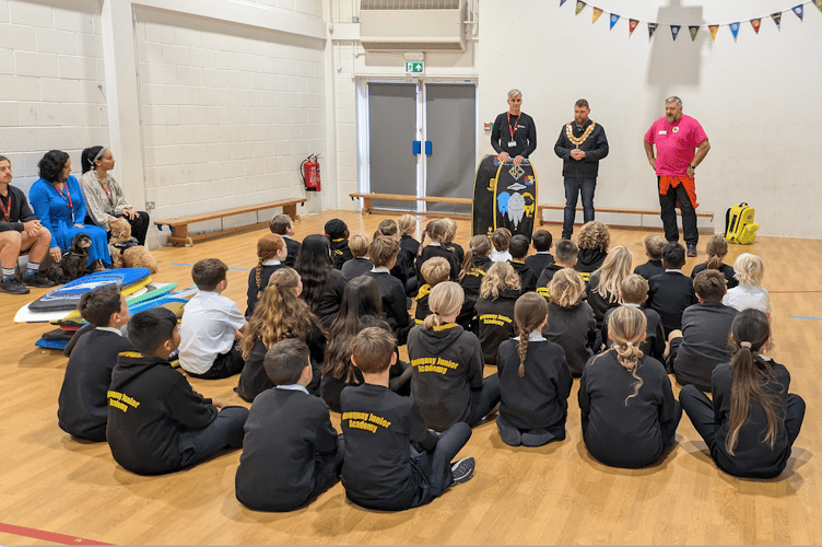 (L-R) Rob Barber, mayor Cllr Drew Creek and Karl Fice-Thomson highlighted the critical importance of choosing high-quality, reusable bodyboards over cheap, disposable alternatives (Picture: Warren Wilkins)