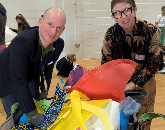 Loic Rich, the Cornwall Council cabinet member for the environment and climate change and Cornwall Council's chief executive Kate Kennally helped deconstruct the bodyboards (Picture: Warren Wilkins)