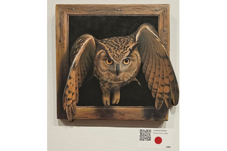 The owl artwork by Lucinda Holland on display at the exhibition.