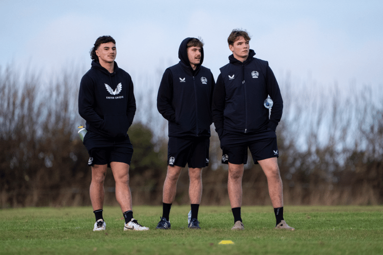 Exeter Chiefs’ Kane James, Ben Coen and Finn Worley-Brady