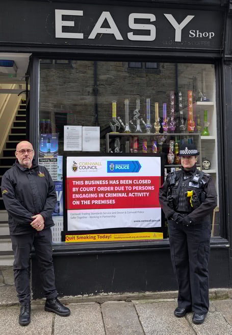 Cornwall Council Trading Standards officer Rob Jenkins with PC Charlotte Grimstead of Devon and Cornwall Police outside Easy Shop in Truro
