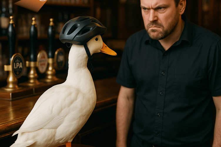 An AI-created image of a duck in a cycle helmet in a pub.