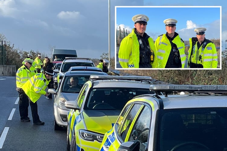 Devon and Cornwall Police's Operation Limit in action in Truro. Inset: Devon and Cornwall Police road traffic officers: PCs Scott Barrett, Will Cherrill and Dave Langley