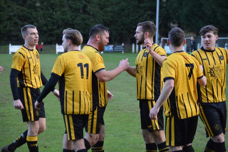 Dave Barker Celebrating with Callum O'Brien for Dave's first goal.