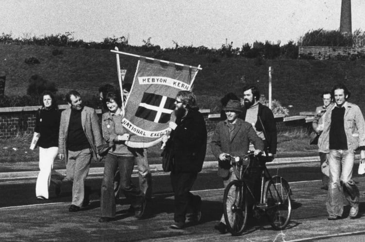 Mebyon Kernow members on a protest march against unemployment in 1980