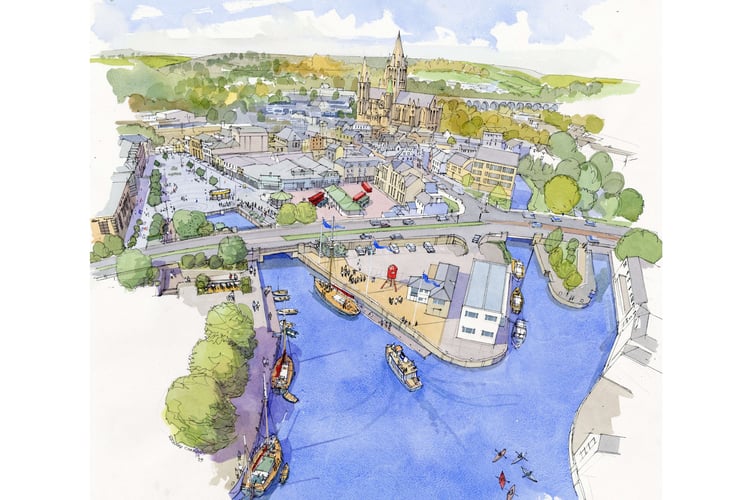 An artist's bird's-eye view of Truro's redeveloped harbour and Lemon Quay