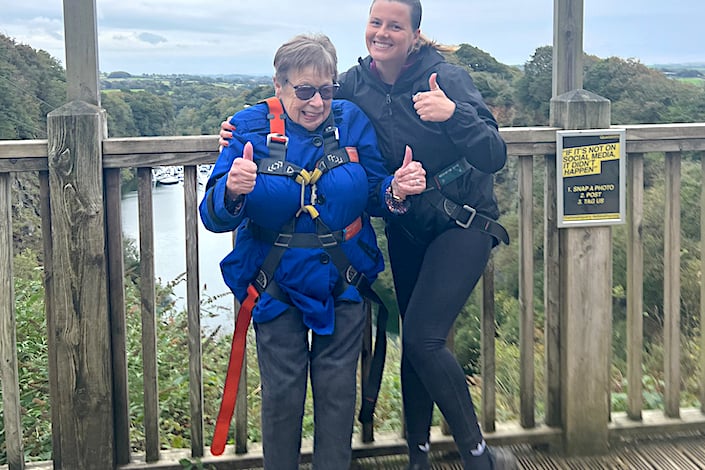 Teresa Duguid received encouragement as she undertook the zipwire challenge.