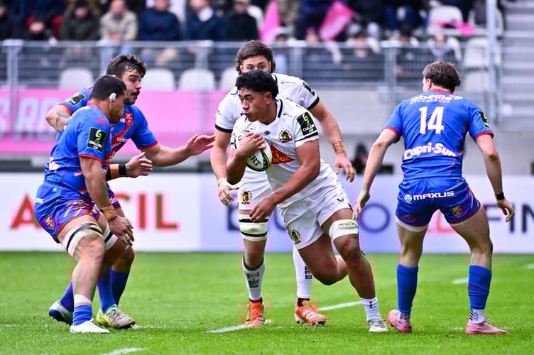 Exeter Chiefs No.8 Greg Fisilau takes the attack to the opposition during the EPCR Challenge Cup match with Stade Francais 