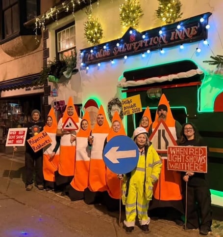 Fancy dress to the fore in Looe at New Year and here was the prize winning entry, a group dressed as the Polperro Roadworks team