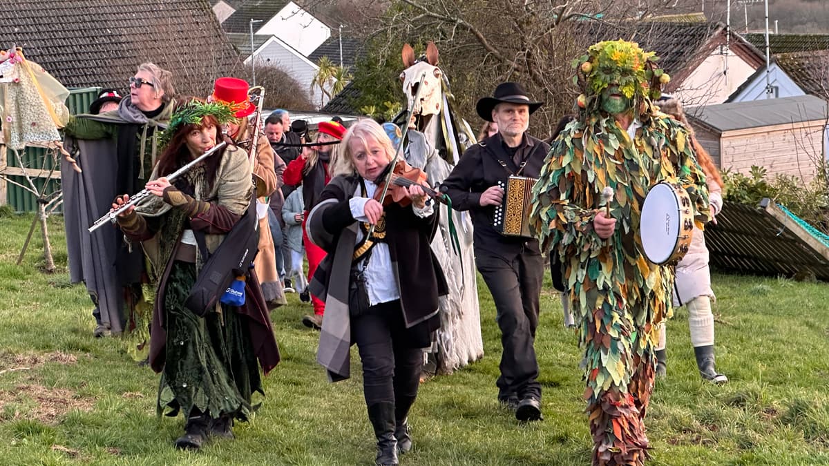 Traditional wassail takes place in orchard looking over coast