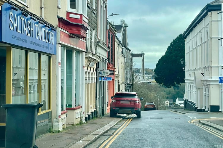 An example of pavement parking in Lower Fore Street, making it almost impossible for pedestrians to pass