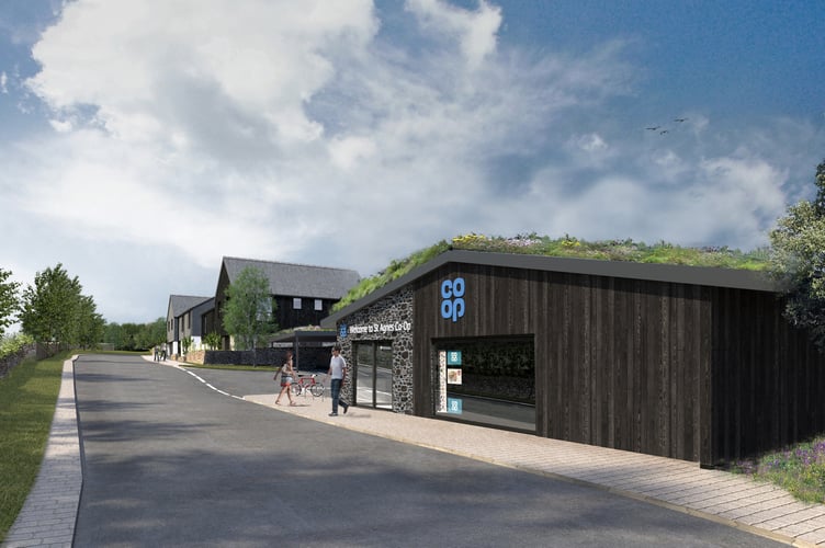 An aerial image showing how the Co-op store will look, with green roof and car port (Pic: Westcountry Land).