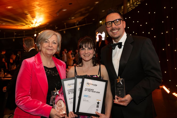 Achiever of the Year Tamsin Allen at the Cornwall Apprenticsehip Awards with Daphne Skinnard and Neil Caddy