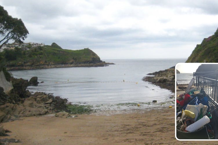 The picturesque Readymoney Beach near Fowey and (inset) some of the debris cleared by the Beach Guardian team recently
