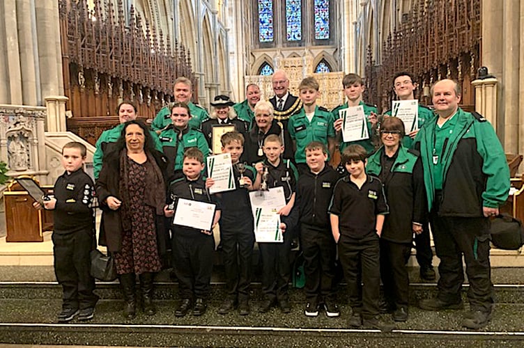Mayor Colin Hamilton, his wife Maggie and unit president Andrea Lanxon with members of the St Austell St John Ambulance Cadets at Truro Cathedral.