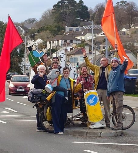 Penryn residents celebrate saving the traffic island but protest about the reduction in other 'active travel' measures 