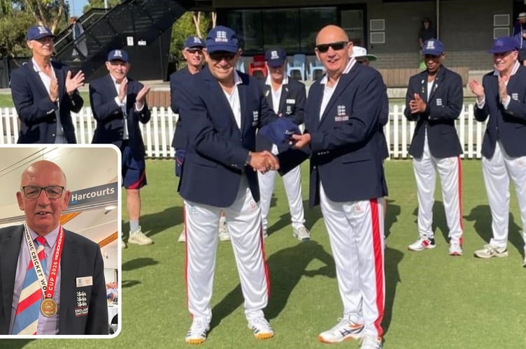 Cornwall's Stuart Nye is presented with his England cap by captain John Evans and (inset) Stuart with his World Cup winners medal