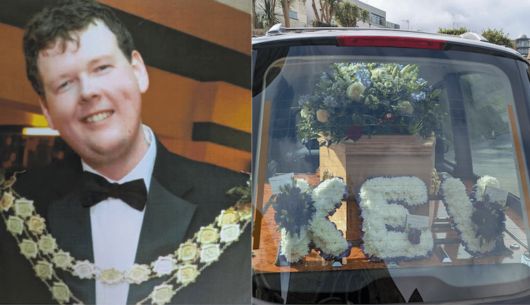 (L-R) Kevin Towill and the floral tribute at his funeral
