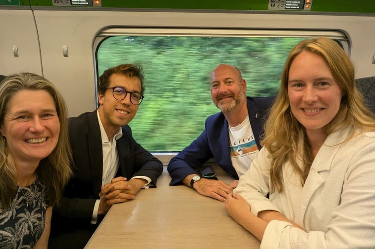 Jayne Kirkham, Noah Law, Perran Moon and Anna Gelderd on the train
