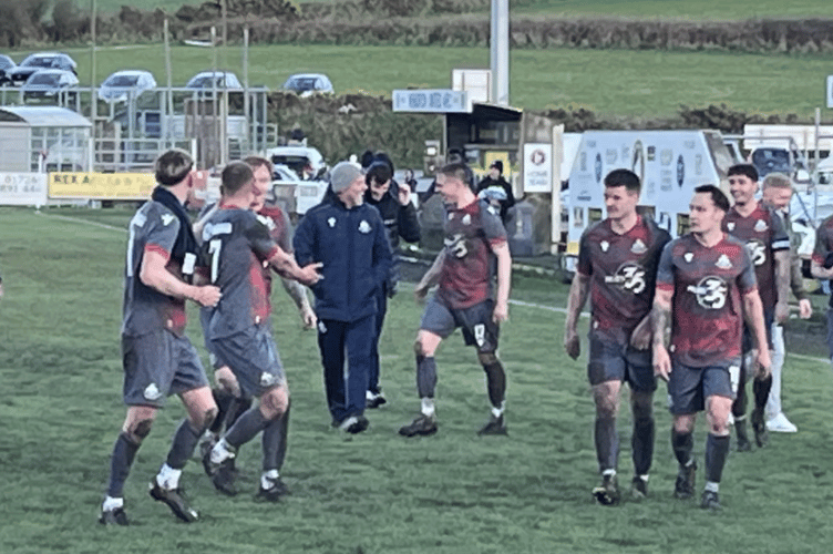 A happy set of Liskeard players leaving the pitch after Saturday’s win. Pictures by Kevin Marriott