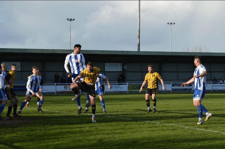 Goalmouth action in the game between Clevedon Town and Torpoint Athletic.