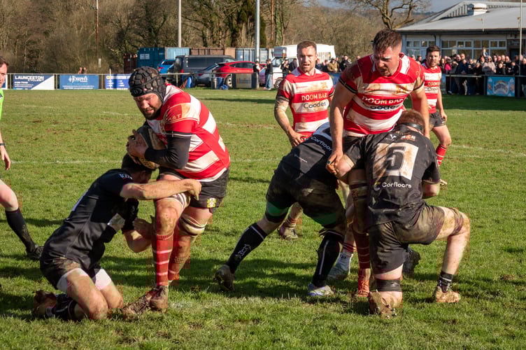 St Austell No.8 Kyle Marriott looks to find a way through the Launceston defensive line at Polson Bridge