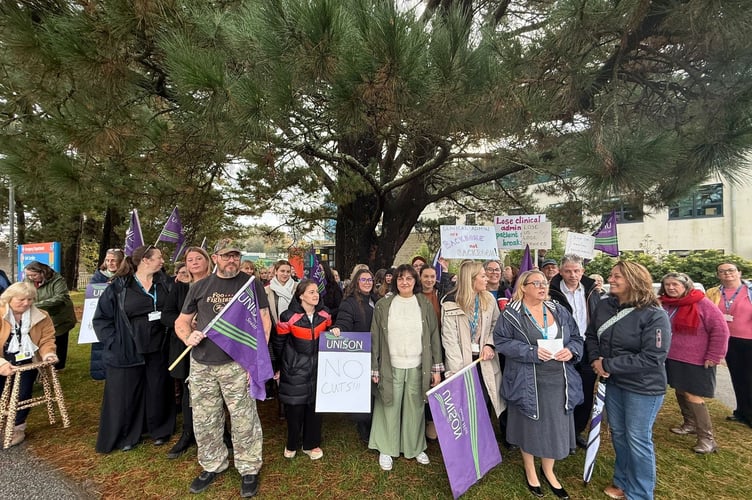 NHS staff and union members protest about hundreds of proposed job losses outside a RCHT board meeting at the Royal Cornwall Hospital (Treliske), Truro