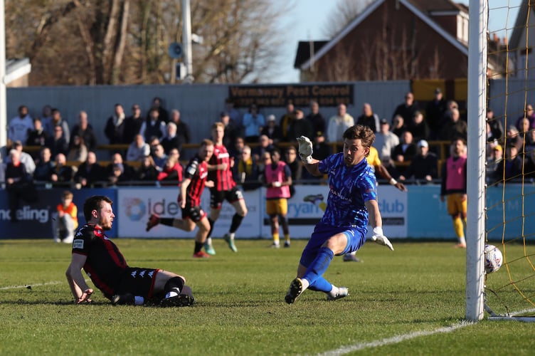 Goal scored by Jack Stretton of Truro City during the National League  Match between Sutton United and Truro City at VBS Community Stadium, London on 21 March 2026. (Photo: Josh Smith/PPAUK)