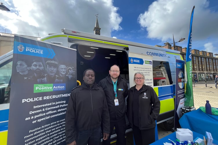 PC Richard Chula, PC John Holland and Sarah Corber at the Devon & Cornwall Police's Positive Action pop-up event in Truro
