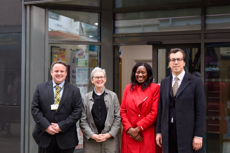 Cllr James Mustoe, Cllr Sarah Preece, Minister for Devolution, Faith and Local Communities Miatta Fahnbulleh and MP Noah Law in St Austell town centre. (Picture: Jake Bonetta)