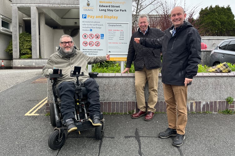 Cllrs Steven Webb (left) and Rob Nolan (centre) with Truro BID manager Alun Jones in Edward Street car park