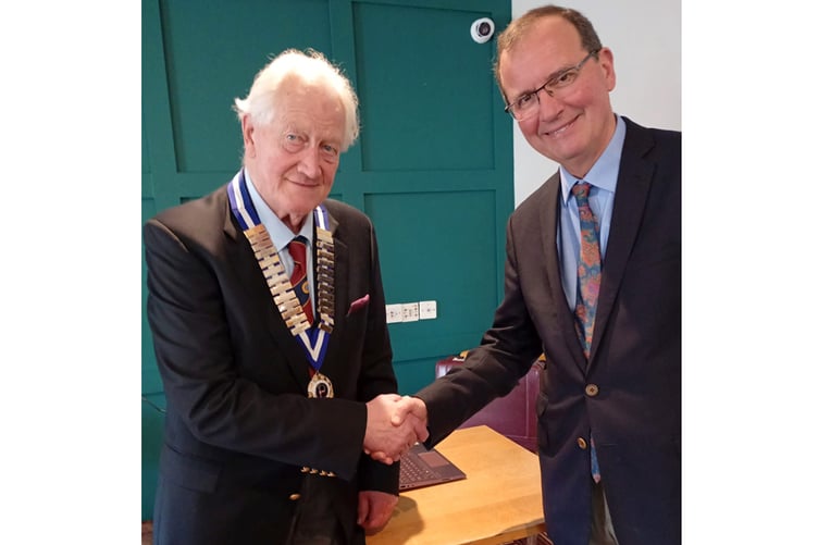 Tom French with Fergus Cochrane Dyet at the Probus Club of St Austell meeting.