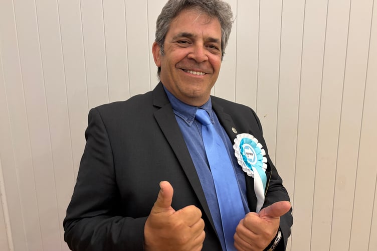 A jubilant Lyndon Harrison pictured after winning the Newquay Porth & Tretherras by-election for a Reform UK seat on Cornwall Council (Pic: Lee Trewhela / LDRS)