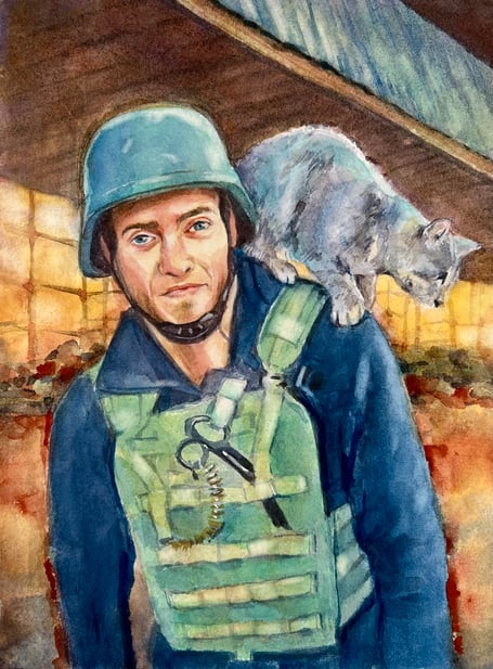 Among the most poignant works is a portrait of Christopher Parry, the 28-year-old volunteer from Truro who was killed in eastern Ukraine in January 2023