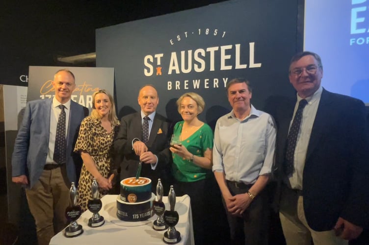 External relations director Piers Thompson, marketing and communications director Laura Plum, chief executive Kevin Georgel, brewing director Georgina Young, archivist Paul Holden and commercial director Paul Harbottle at St Austell Brewery's 175th anniversary celebrations