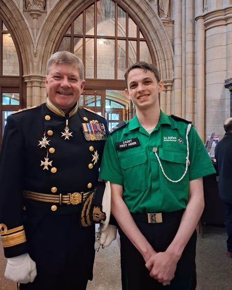 Cadet Corporal Oscar Hunt, Cornwall county cadet for St John Ambulance, with Rear Admiral Simon Williams