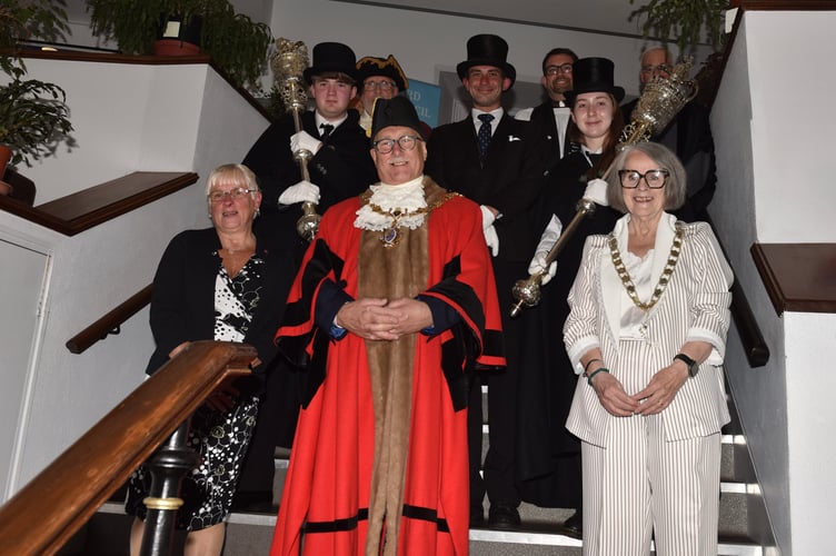 New mayor of Liskeard, Cllr David Braithwaite, flanked by outgoing mayor Cllr Christina Whitty and new deputy mayor Cllr Sylvia Berry. Also pictured 
are the mayor’s chaplain Mark Wade, town crier Chris Smirthwaite, town sergeant and sergeant of mace Daniel Keddle, mace bearers Alex Hearn and Rose Ramwell and town clerk Stephen Vinson (Picture: Jon Harris Photography)