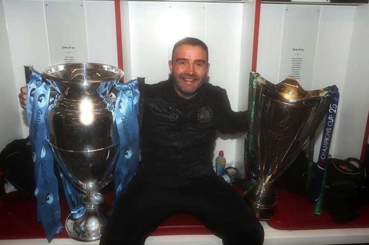 Mark Stevens pictured with the Gallagher Premiership and European Champions Cup trophies following Exeter's double success in 2020