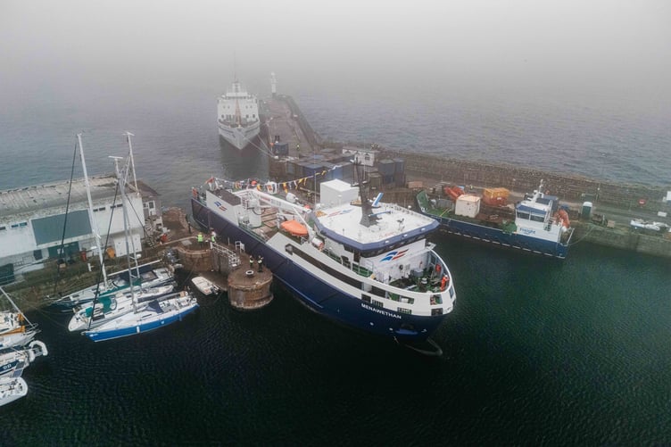 Menawethan, the new Scilly freight ship, docks in Penzance
