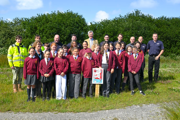 NANSLEDAN, CORNWALL : 08 June 2026. Water safety posters at the SUDS ponds, created by pupils at Nansledan Skol. Photographed for The Duchy of Cornwall by Hugh Hastings