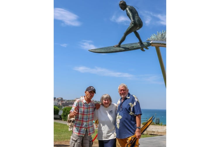 Dennis Cross, who founded Gul Wetsuits in Newquay in 1967, Gwyn Haslock, the ‘godmother of British surfing’ and sixties surfer Alan Gower at the surf statue launch (Picture: Geoff Tydeman)