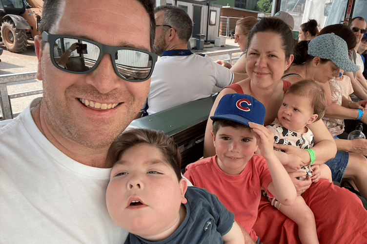 James and Alex with their children Oli, Alba aged five, and younger sister, Remi who is 18 months