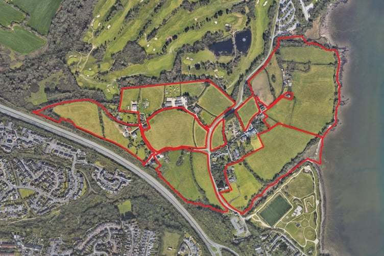 The site covers approximately 28.6 hectares of agricultural land stretching from the A38 towards the Tamar estuary