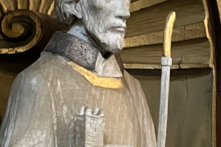 Statue of St Samson at Truro Cathedral, carved by Violet Pinwill.