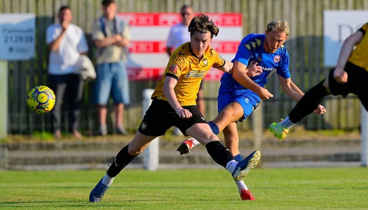 Harvey Greenslade of Truro City shoots during the Pre Season Friendly match between Falmouth Town and Truro City at Bickland Park, Falmouth on 10 July 2026 (Photo: Tom Sandberg/PPAUK)