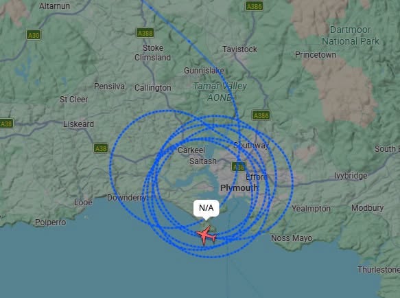 A Flightradar image of the bomber circling the South East Cornwall coastline